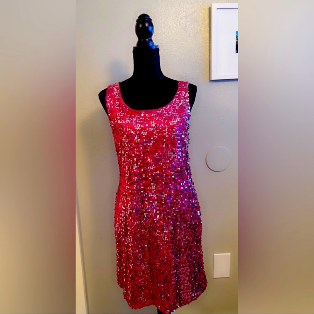 Pink Sequin Mini Sundress Scoop Neck Sleeveless